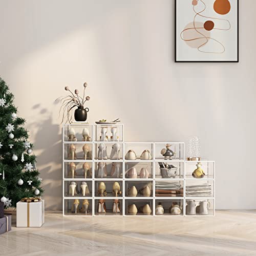 12-Pack Clear Plastic Stackable Shoe Storage Boxes, Foldable Closet Bins