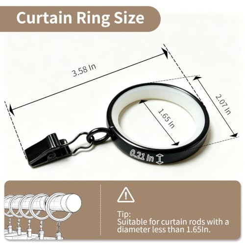 22 Pack Metal Curtain Rings with Clips, 1.6-Inch Inner Diameter, Black