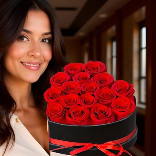 ENJOYPRO 16 Preserved Real Roses in Heart-Shaped Gift Box for Valentine's Day