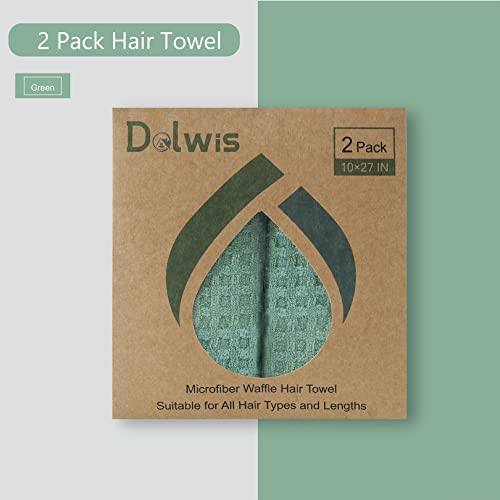 Dolwis Green Microfiber Hair Drying Towel Set - Waffle Long Hair Turban Wraps, 2 Pack