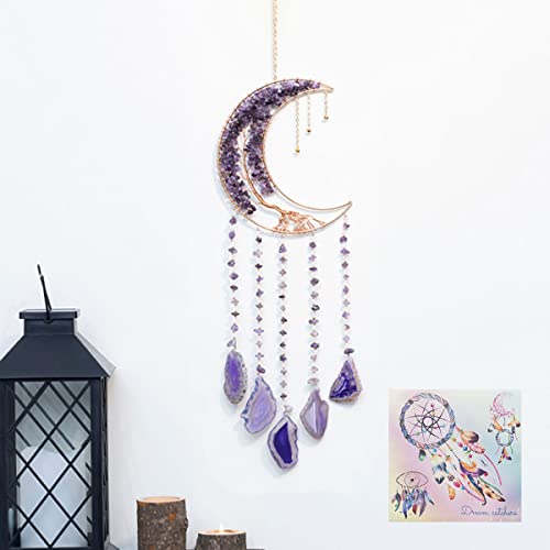 Moon Dream Catcher with Natural Purple Agate Stone and Tree of Life Decor