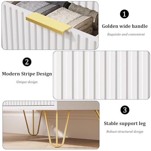 Modern 3-Drawer Fluted Dresser with Gold Handles, White Bedroom Storage Chest