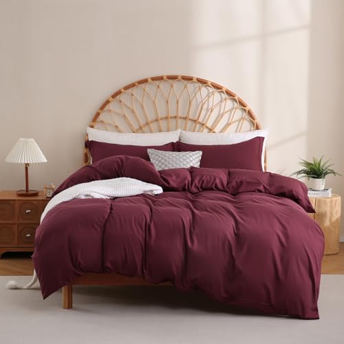 Burgundy Queen Duvet Cover Set - 3 Piece Soft Microfiber Bedding with Shams