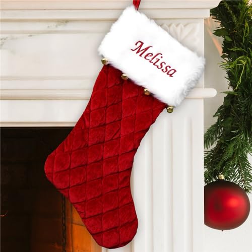 Personalized Red Velvet Quilted Christmas Stocking with Jingle Bells 21-inch