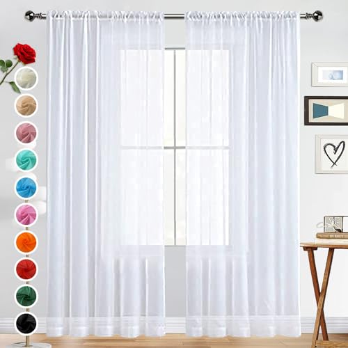 White Sheer Voile Window Curtain Panels - Dual Rod Pocket, 52 x 84 Inch (Pair)