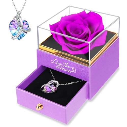 Preserved Purple Rose Gift Set with Necklace for Her