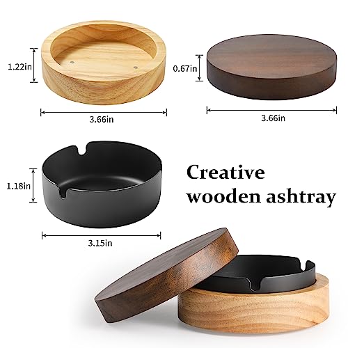 Wooden Ashtray with Lid and Stainless Steel Liner, Windproof Desktop Tray