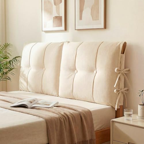 Thickened Velvet Headboard Cover with Pillow - Cream White, Queen Size