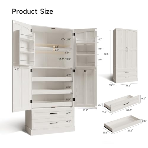 71" Tall Kitchen Pantry Cabinet with Pull-Out Shelves and Drawers