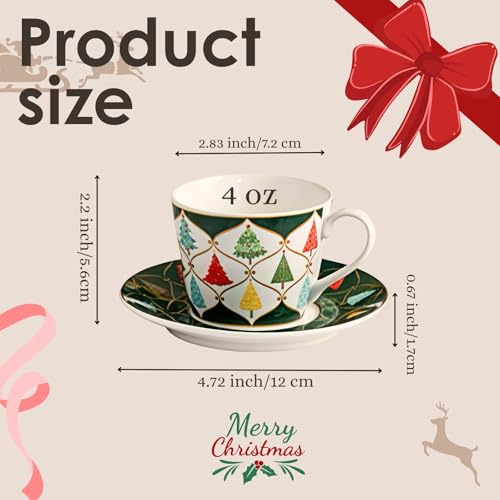 Fruasio Christmas Tree 2-Piece Espresso Cups & Saucers Set, 4 oz Ceramic Teacups with Green Gold Holiday Pattern (Gift Box)