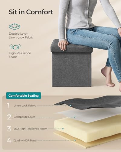 Foldable Storage Ottoman Cube - 15-Inch Tufted Footrest Stool, Dark Gray