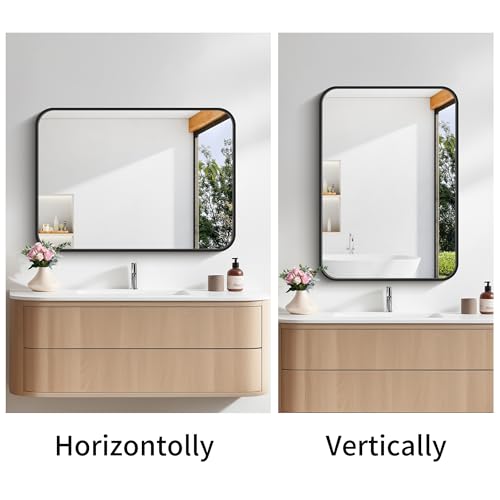 18x24 Inch Black Rectangle Wall Mirror, Shatterproof Metal Framed Vanity Mirror