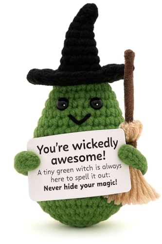 Handmade Crochet Witch Figurine with Broomstick - Motivational Desk Decor