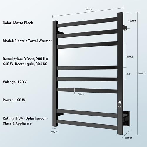 8-Bar Wall-Mounted Heated Towel Rack, Matte Black Stainless Steel