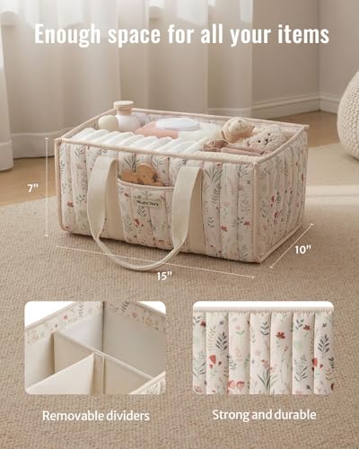 Floral Diaper Caddy Organizer Quilted Nursery Storage Basket Beige
