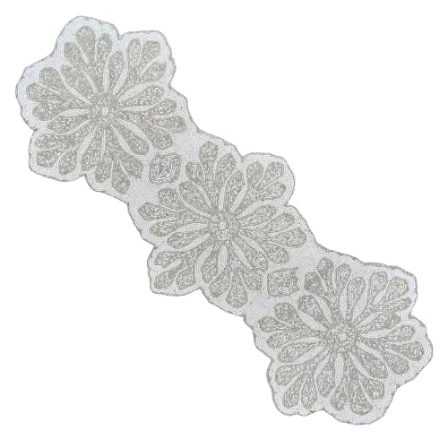 CLEENTABLE Beaded Table Runner 36x13 inches - White Silver Decor