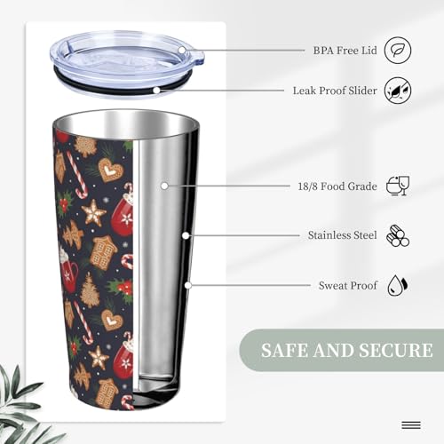 YIKISSKID Red Brown Christmas 20oz Insulated Tumbler with Lid & Straw - Candy Cane & Snowflake Design