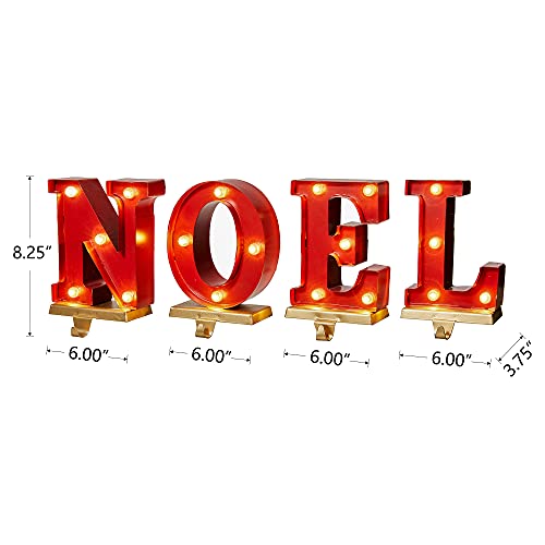 Red Noel Christmas Stocking Holders Set of 4 - Decorative Metal & Wooden Hangers for Fireplace Mantel