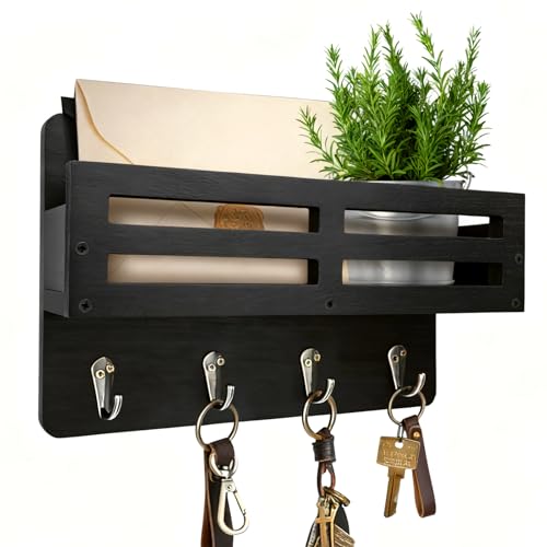 Rustic Wood Wall-Mounted Key and Mail Holder with 4 Hooks