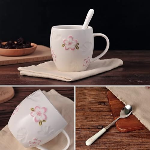 White 13oz Kawaii Tea Cup with Lid & Spoon - Cherry Blossom Mug, Handmade Ceramic Gift