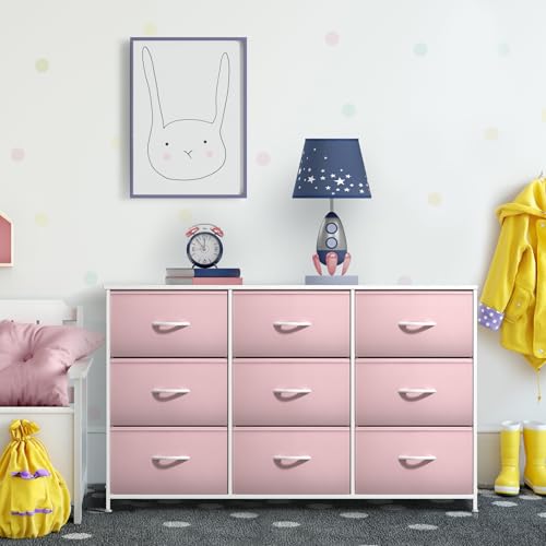 9-Drawer Fabric Dresser with Wood Top, Pink Storage Chest for Bedroom Nursery