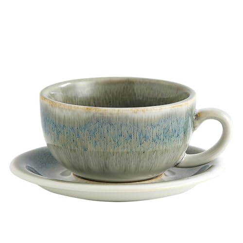 Coffeezone Space Grey 12 oz Vintage Ceramic Latte Art Cappuccino Cup & Saucer