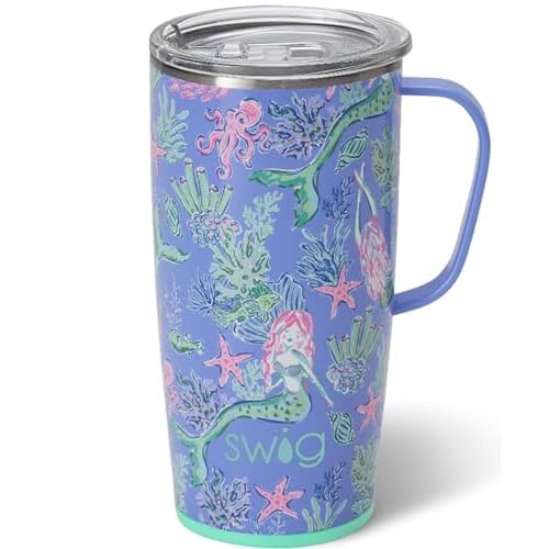 Swig Life 22oz Travel Mug, Insulated Tumbler with Handle and Lid, Cup Holder Friendly, Dishwasher Safe, Stainless Steel, Travel Coffee Cup, Insulated Mug with Lid (Under the Sea)