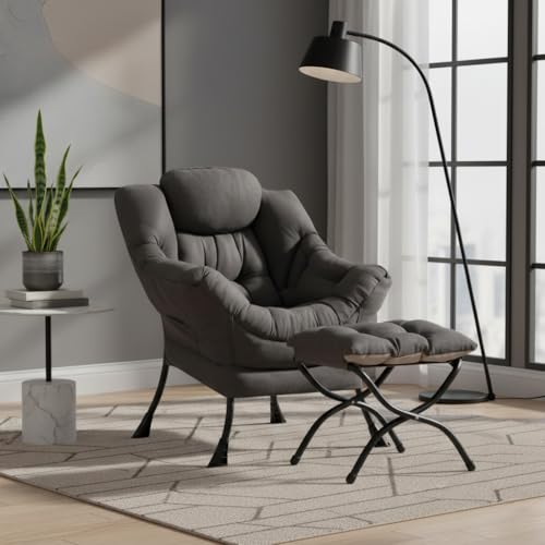 Modern Ergonomic Lounge Chair with Ottoman, Foldable Accent Reading Chair