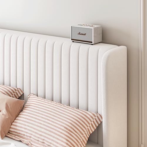 Full Size Velvet Platform Bed Frame with Wingback Headboard, White