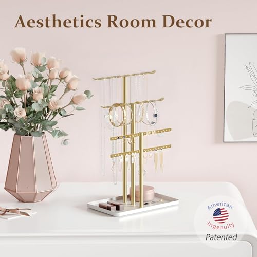 14.5-Inch Gold Jewelry Stand Organizer with Tray for Necklaces