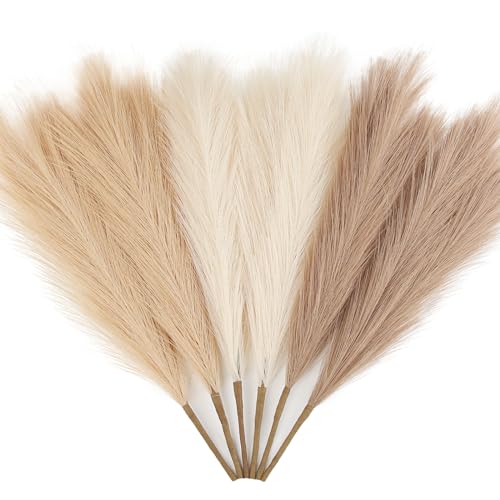 Faux Pampas Grass Decor 17-Inch Artificial Stems - 6 Pack for Boho Home