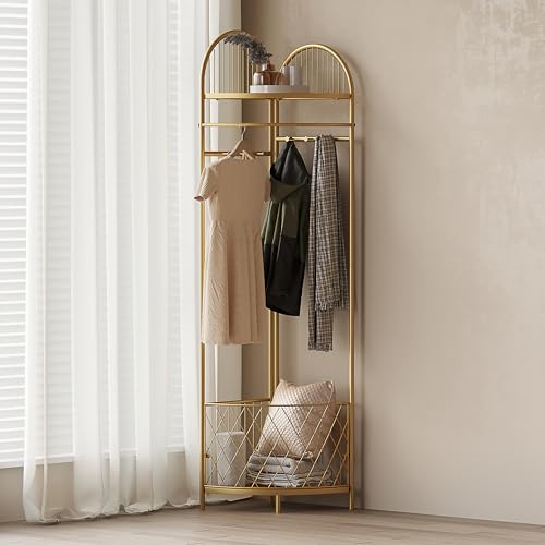 Gold Corner Coat Rack with Storage Basket and 6 Hooks for Entryway