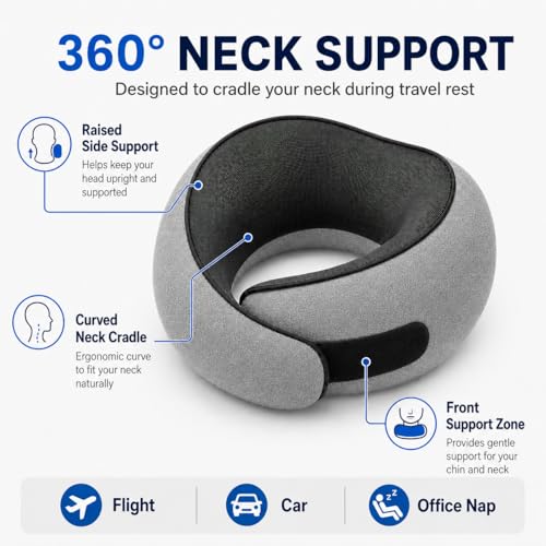 Memory Foam Travel Neck Pillow with Chin Support & Washable Cover