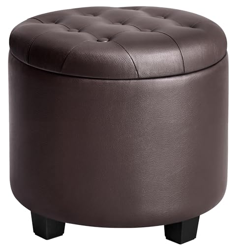 18-Inch Round Storage Ottoman - Tufted Synthetic Leather Footstool