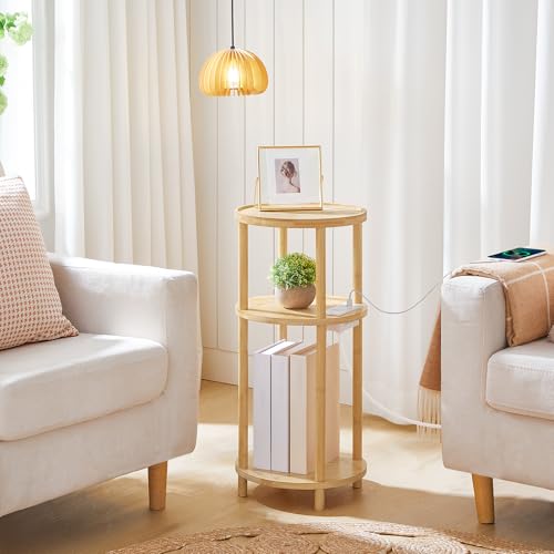 3-Tier Round Bamboo End Table with Charging Station and USB Ports