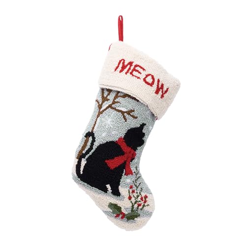 Cat Christmas Stocking 20in - Handmade Hooked Red 3D Cat Face with Gift Pocket, Glitzhome