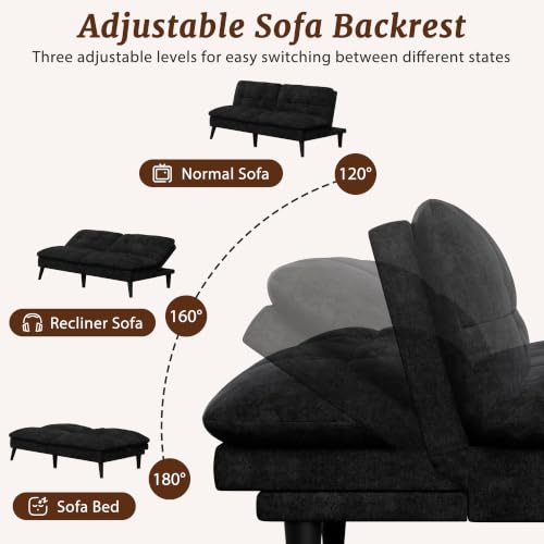 Convertible Velvet Futon Sofa Bed, Adjustable Reclining Couch for Small Spaces