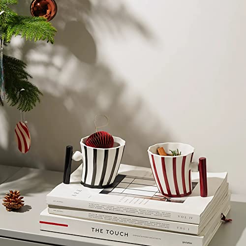 ODIINCY Red & White Stripe 12 Oz Handmade Ceramic Coffee Mug