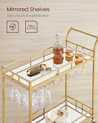 2-Tier Rolling Bar Cart with Mirrored Shelves, Wine and Glass Holders