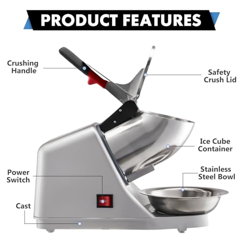 YODHOSA Grey Electric Ice Shaver Crusher 300W Snow Cone Machine with 4 Blades