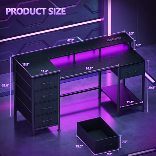 47" Gaming Desk with Power Outlets, LED Lights, Monitor Stand & 5 Drawers