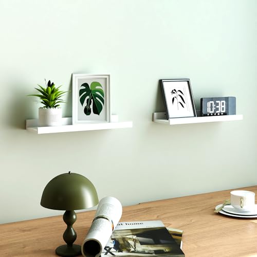 White Floating Shelves with Lip Set of 2 - 14-Inch Picture Ledge Wall Shelves