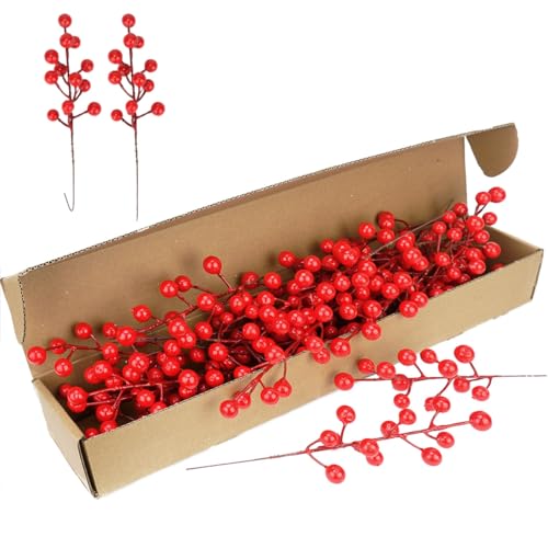 COSOKUU Red Berry Stems 30 Pcs - 8in Artificial Holly Picks for Christmas Decor (Red)