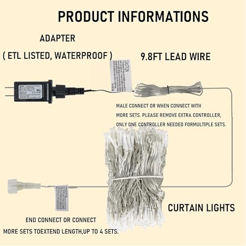 Dazzle Bright 300 LED Curtain String Lights White, 8 Modes, Connectable IP44