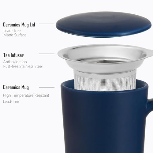 Blue 20 oz Tea Mug with Infuser & Lid - YINUOWEI Ceramic Coffee Cup