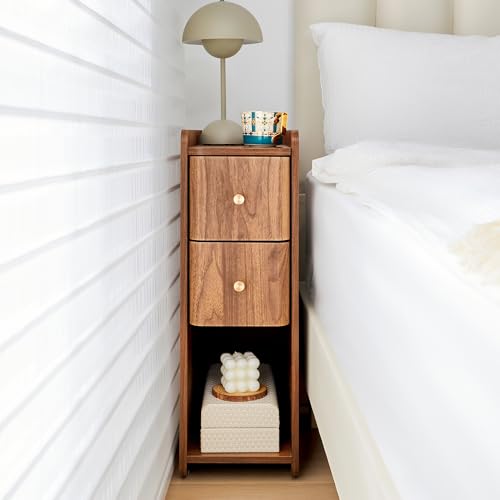 Narrow Wooden Nightstand with 2 Drawers, Slim Bedside Table for Bedroom