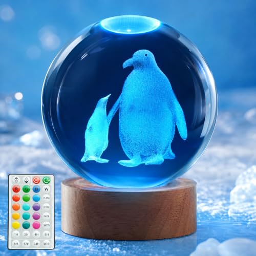 3D Penguin Crystal Ball Night Light with 16-Color LED Remote Control Base