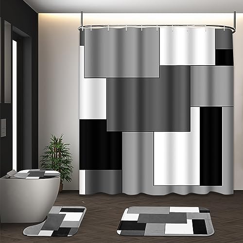 4-Piece Modern Geometric Bathroom Set with Shower Curtain and Non-Slip Rugs