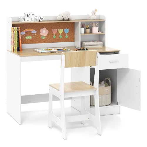 Kids Wooden Desk and Chair Set with Hutch and Storage for Studying