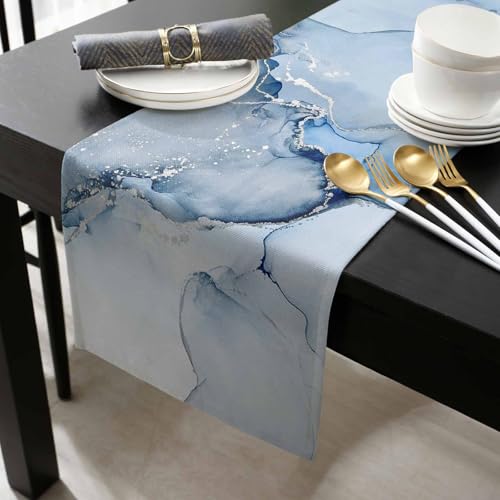 Marble Table Runner 72 Inch Blue & Grey Farmhouse Decor Burlap Cotton